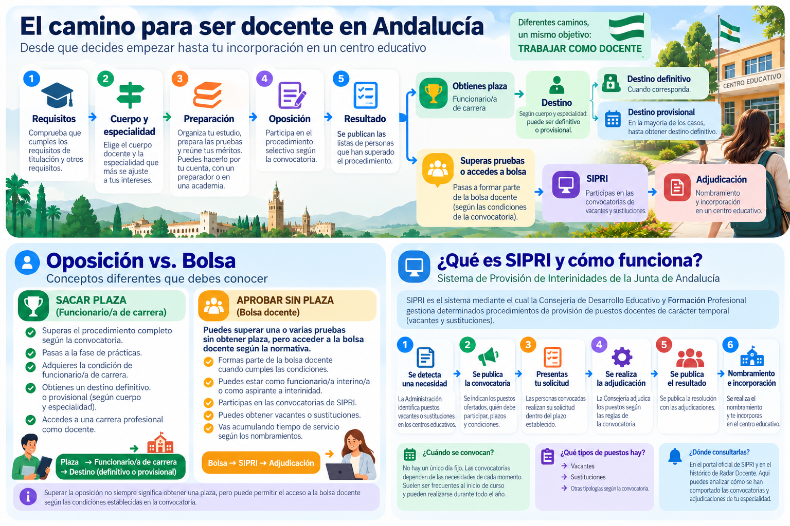 Infografía sobre cómo ser docente en Andalucía: requisitos, oposiciones, bolsas, SIPRI y acceso a la docencia
